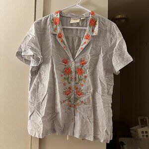 Maeve by Anthropologie Light Blue Linen Blouse with Floral Embroidery in US 14